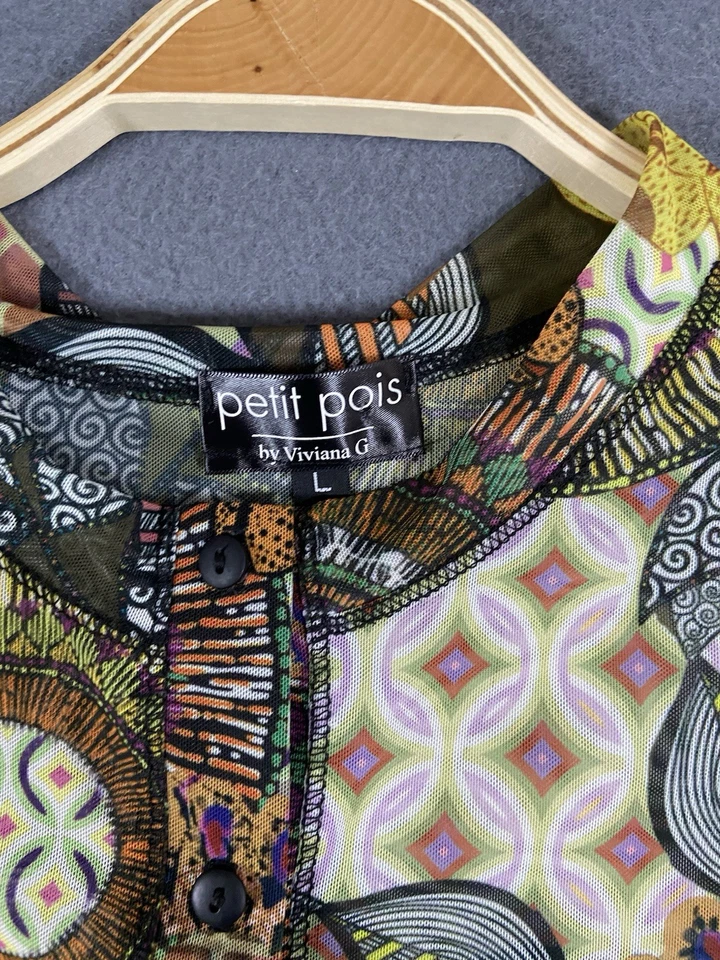 Top Petit Pois by Viviana G para mujer L estampado multicolor transparente con botones arte corto Foto 2 de 4