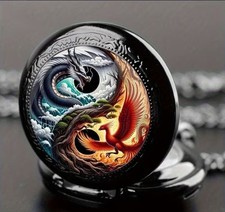 Vintage Style Yin Yang Dragon and Phoenix Pocket Watch Necklace