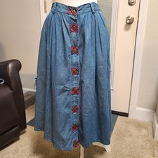 Vintage Long Jean Prairie Skirt Denim With Front Buttons Plaid Accent Sz 10