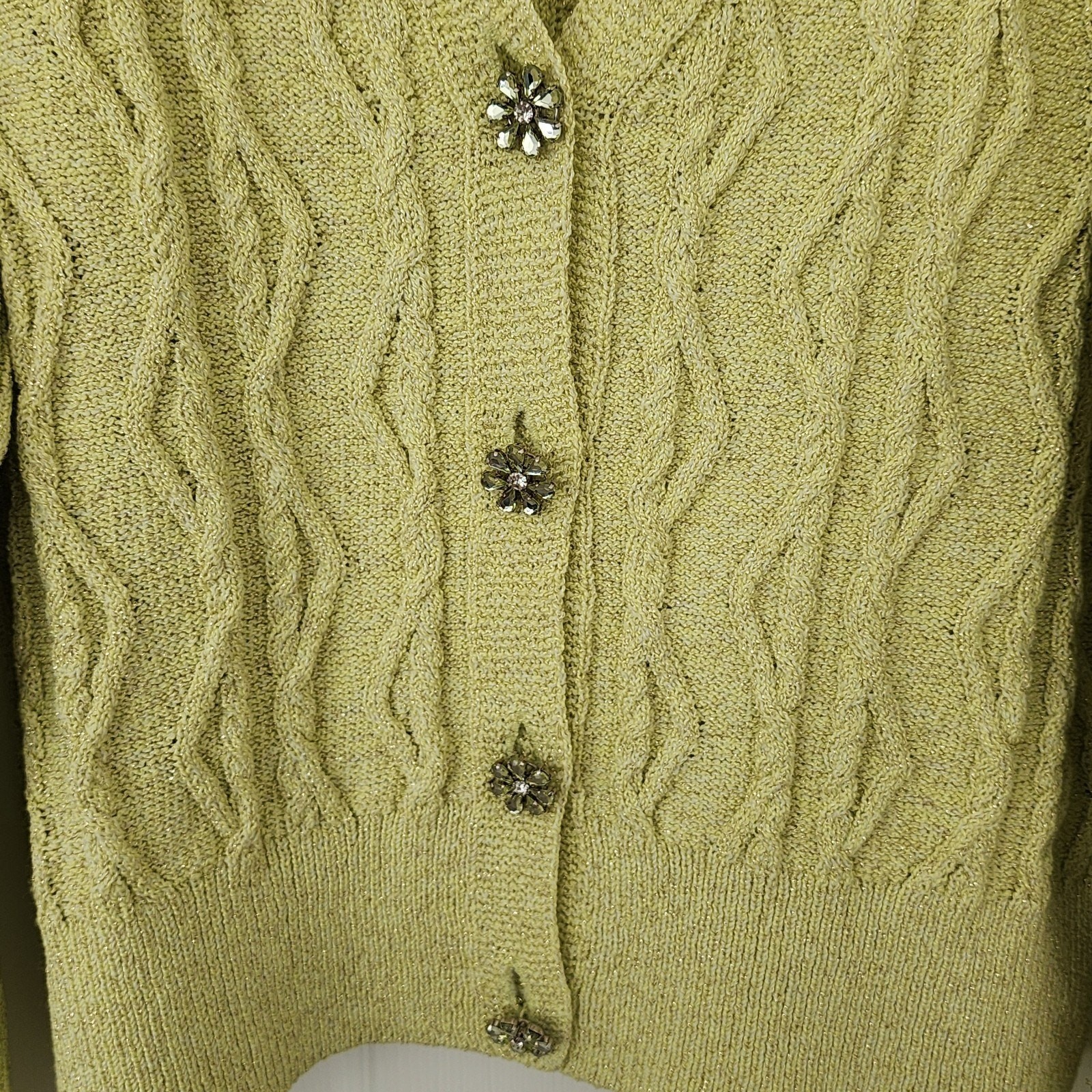 Mango Metallic Lurex Knitted Cardigan Lime Green Jewel Buttons New With Tags L thumbnail 4