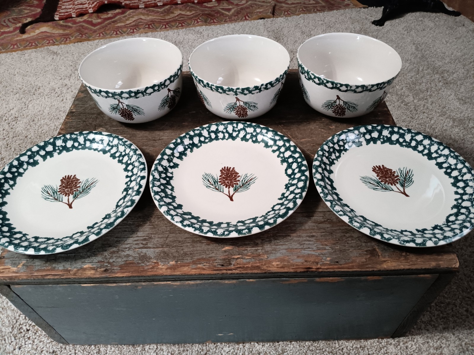 FolkCraft Pine Cone by TIENSHAN Set of 6 Dishes-3 bowls, 3 plates EUC Cabin Core