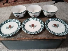 FolkCraft Pine Cone by TIENSHAN Set of 6 Dishes-3 bowls, 3 plates EUC Cabin Core