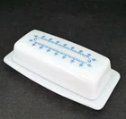 Pyrex Milk Glass Lidded Covered White Butter Dish Blue Snowflake Garland Vintage