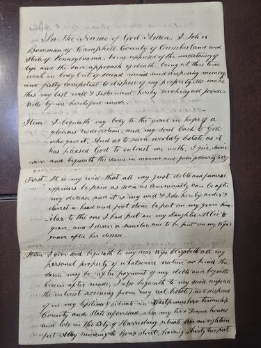 Original Last Will And Testament For John Bowman Ephrata Cloister VERY RARE