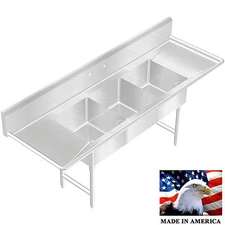 POT SINK 3 COMPARTMENT HEAVY DUTY 16GA STAINLESS STEEL MADE IN USA 90.5" X 24"