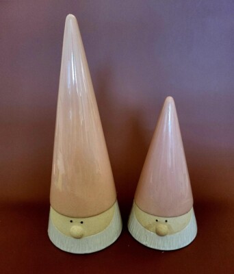 Two Ceramic Gnomes w Pink Hats by Debe Lilly Accents, 10.5'' Tall,  7.5'' Tall