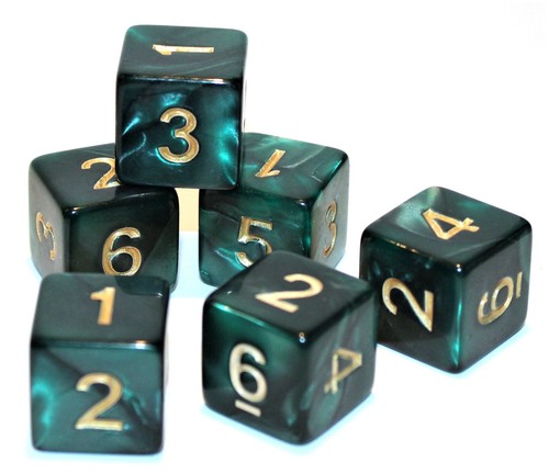 Set of 6 Numbered D6 Six Sided Standard 16mm Dice - Game Dice - Marble Emerald - Picture 1 of 1