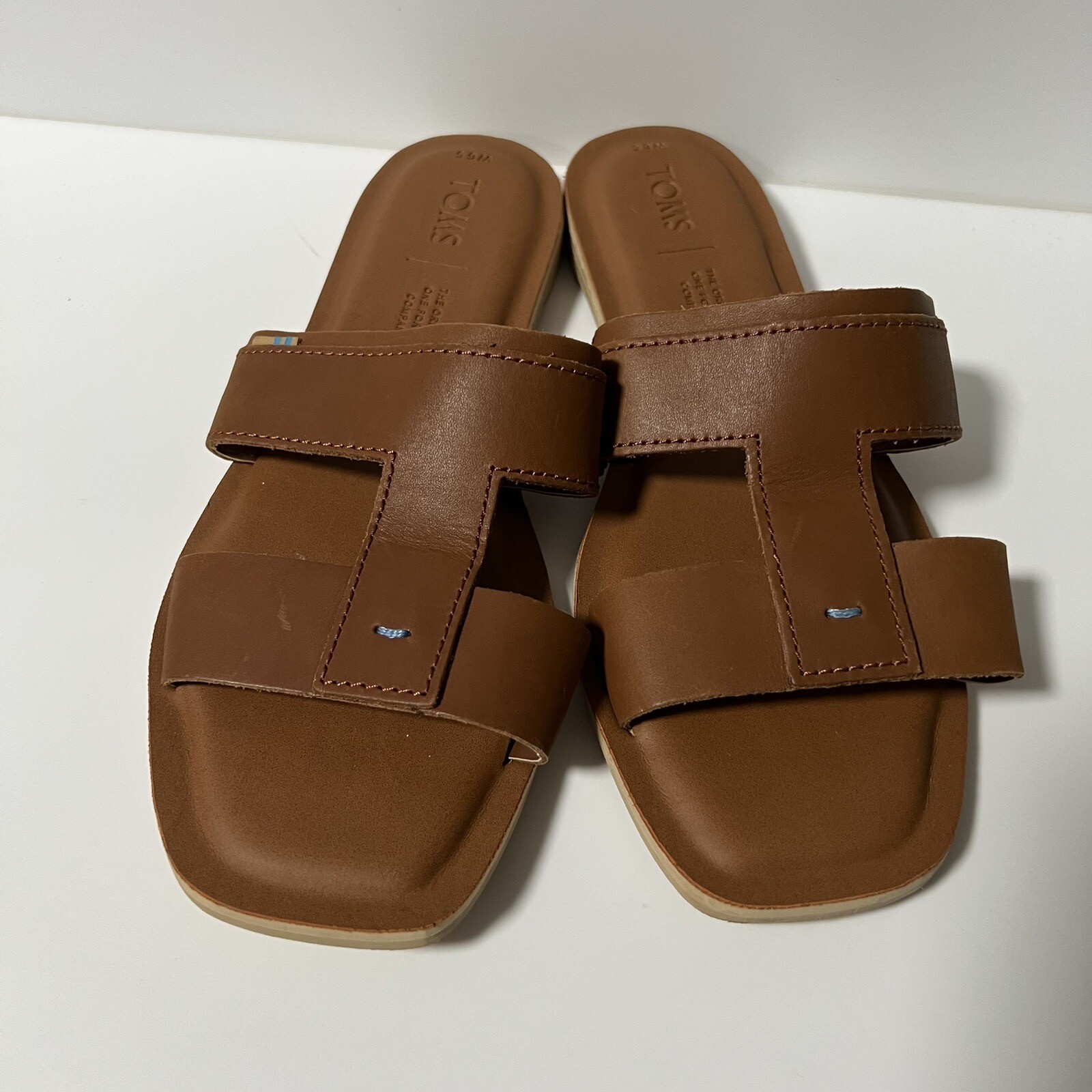 TOMS Seacliff Sandals Brown Leather Size Flat Square Toe