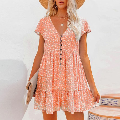 Elegantes Minikleid Damen V-Ausschnitt mit Knopf Blumenmuster Taille Rüschen Damen - Bild 7 von 17