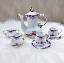 Vintage Miniature Porcelain Victorian Blue White  Gold Floral Ornate Tea Set