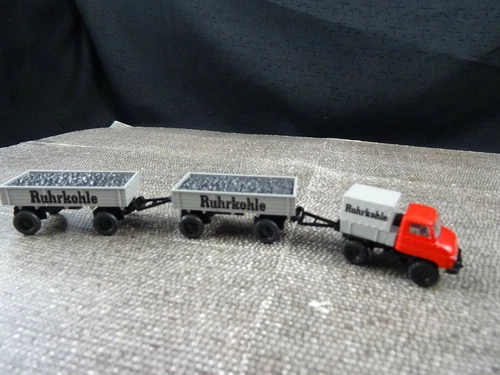 Wiking 037183 Unimog U 411 mir 2 Kohleanh. Ruhrkohle Modell H0 Autodrom Neu OVP