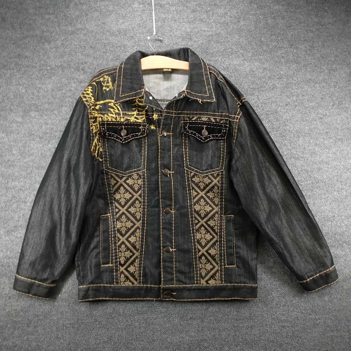 Royal Army Men s Denim Jean Jacket Black Large Cross Wings Gold Embellished Rare