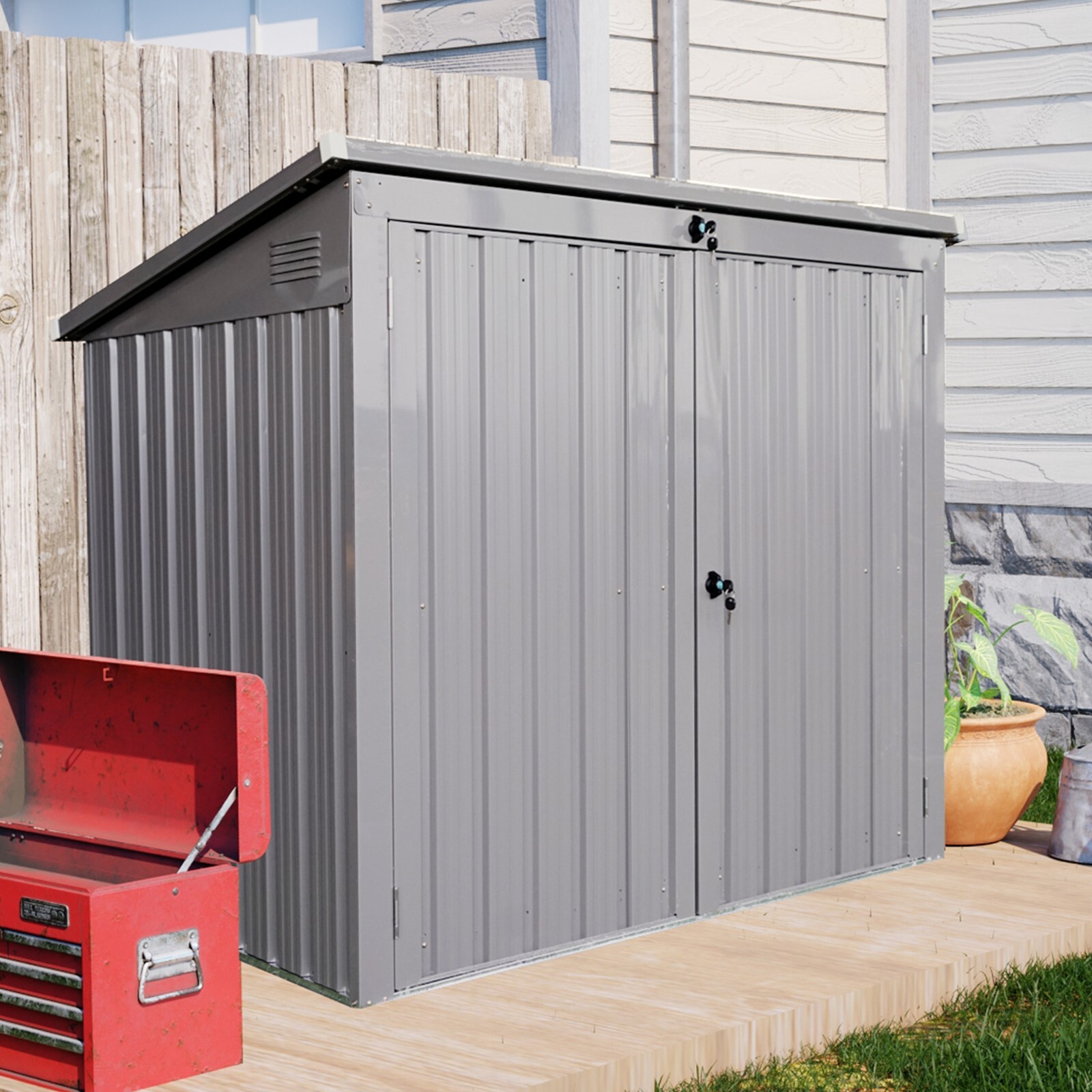 5x3 FT Metal Outdoor Trash Can Storage Shed Waterproof Garbage Bin Shed Lockable