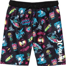 Hurley Big Boys M Board Swim Shorts Lined Black Neon Print Trunks Knee Length
