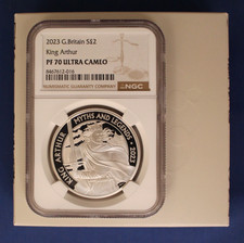 2023 Silver Proof 1oz £2 coin "King Arthur" NGC Graded PF70 with Case & COA