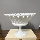 VTG White Milk Glass Open Lace Pedestal Compote Bowl Glossy Round