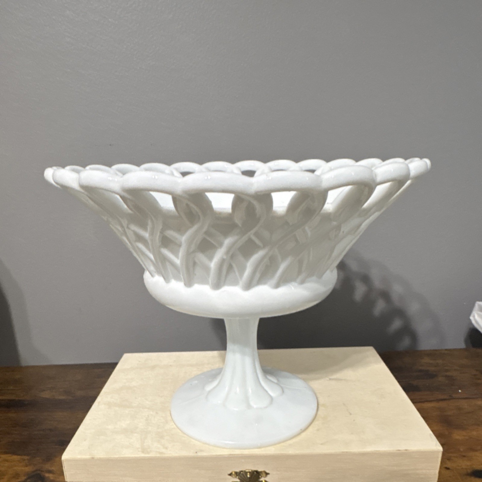 VTG White Milk Glass Open Lace Pedestal Compote Bowl Glossy Round