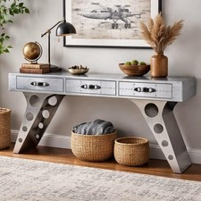 Aviator Console Table with 3 Drawers Aluminum Finish Console for Living Room