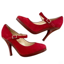 Jimmy Choo US 10.5 Friday Kid Suede Heels Pumps Mary Janes Bright Red Holiday