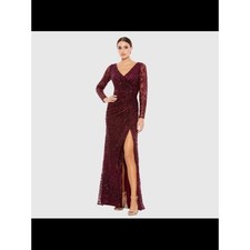 Mac Duggal 12412 Long Sleeve Ruched Sequined V-Neck Gown in Garnet Size: 6, NWT
