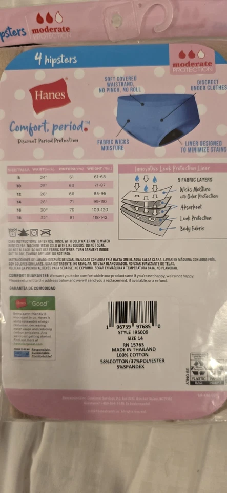 Ropa interior Hanes para niñas 4pk período hipster - multicolor - talla 14 Foto 2 de 4