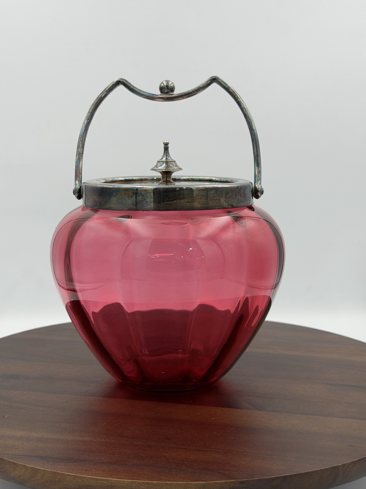 Victorian cranberry glass biscuit jar with silver plate lid by FGB England