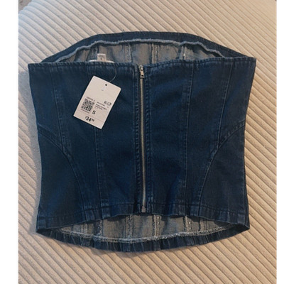 FOREVER 21 Blue Denim Rhinestone Corset Top Zip Front Strapless
