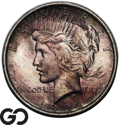 1922 Peace Dollar, RARE W/Great Color, Solid Gem BU++, End Of Roll Toner!