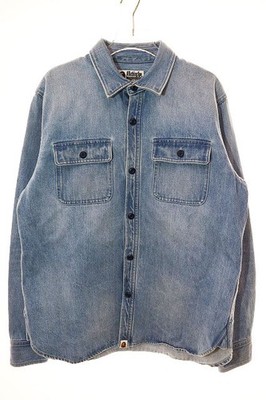 A BATHING APE Shark Embroidered Denim Shirt M Long Sleeve Classic