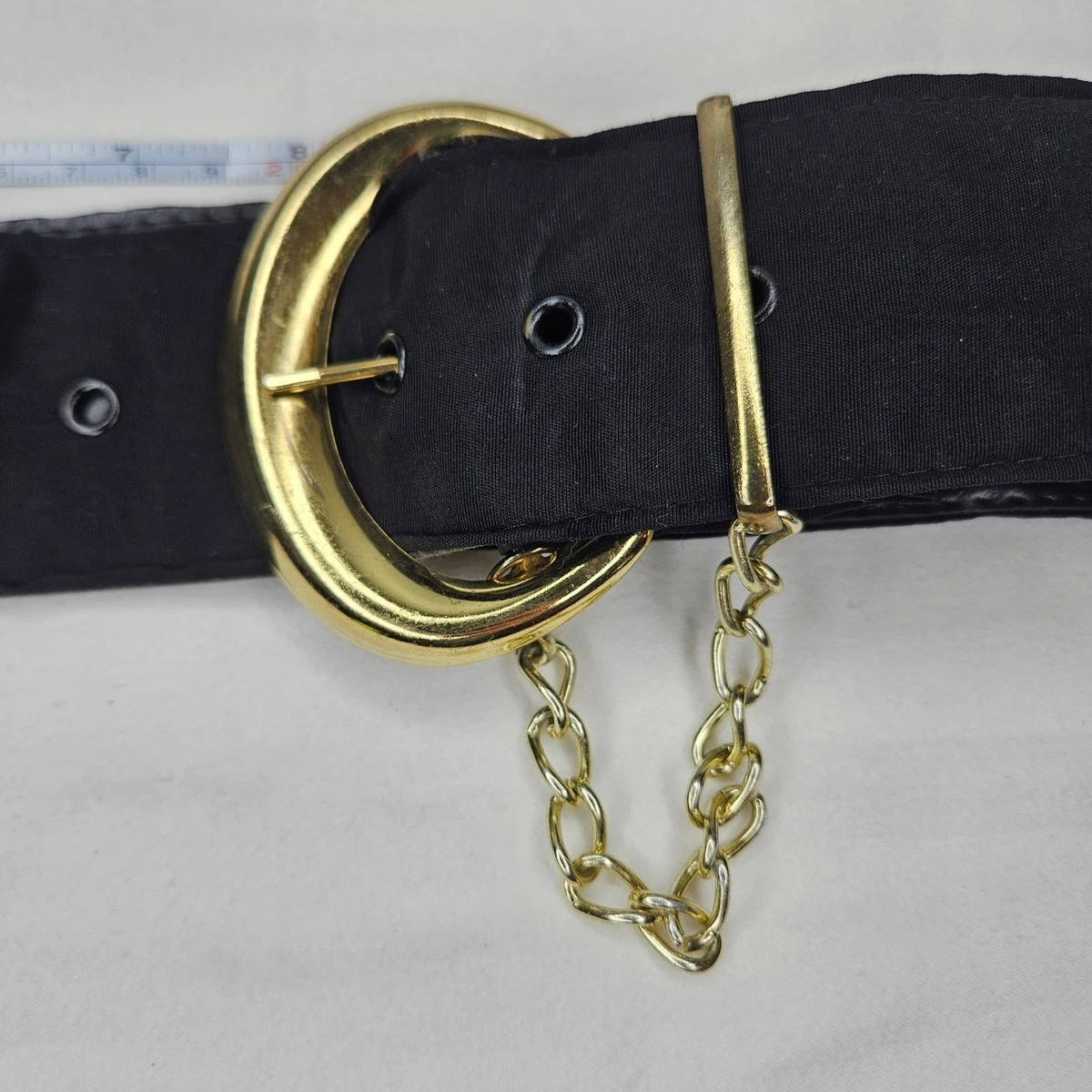 Vtg Black Cloth Wide Cinch Belt Gold Crescent Buckle Chain Detail Retro 30"