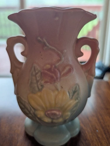 Hull Art Pottery Matte Magnolia Vase 5½″ – Pink Blue Floral Double Handle USA