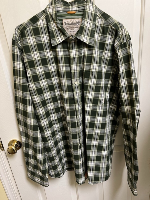 Timberland Stratham Issue Men's Plaid Shirt Green White Button-Up Long Sleeve XL
