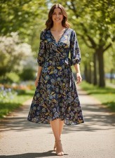 Eliza J Womens Wrap Floral A-Line Dress 18 Navy 3/4 Sleeve Midi Polyester