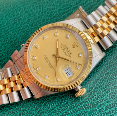 1986 Rolex DateJust Ref. 16013 Factory Diamond Dial 18K Gold & Steel Wristwatch