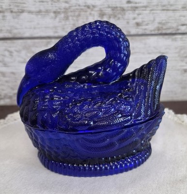Cobalt Blue Glass Swan on Nest Covered Candy Dish Trinket Box Vintage Style