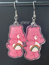 80's Pink Cheer Care Bear Earrings 90's Retro Festival Party Jewellery Carebears