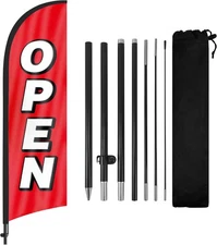 Open Feather Flag, Open Flag for Business with Pole and Ground Stake, Open Signs