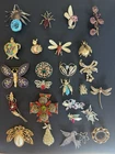 Vintage Costume Jewelry Brooches Pins Wearable Lot Of 25 rhinestones gold tone
