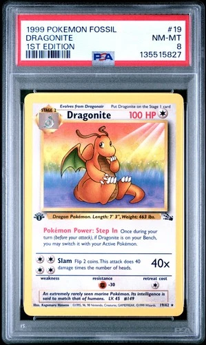 1999 POKEMON FOSSIL 1ST EDITION #19 DRAGONITE PSA 8