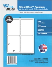 WING OFFICE Premium Shipping Labels Blank Self Adhesive 4 per Sheet 4" x 5" 