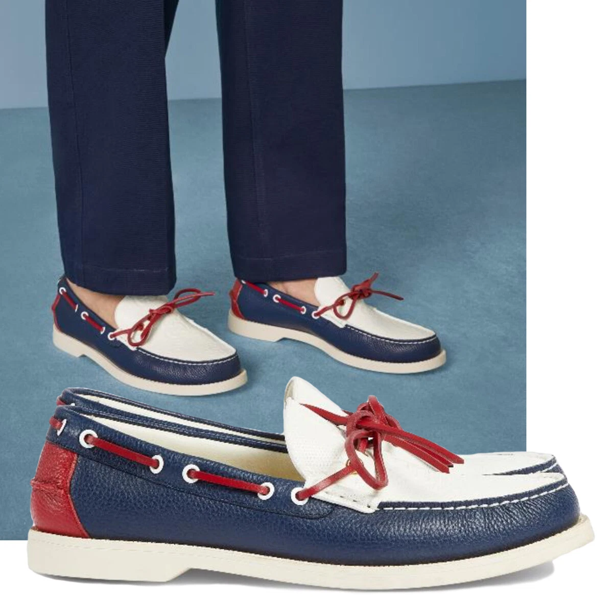 CHAUSSURES GUCCI HOMMES LOGO G BLEU BLANC CUIR MOCASSINS BATEAU 11 11,5