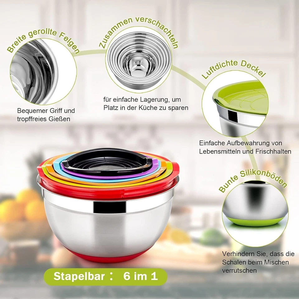 Schüssel Set 6x Edelstahl Rührschüssel Salatschüssel mit Luftdichte Deckel B922 - Bild 3 von 4