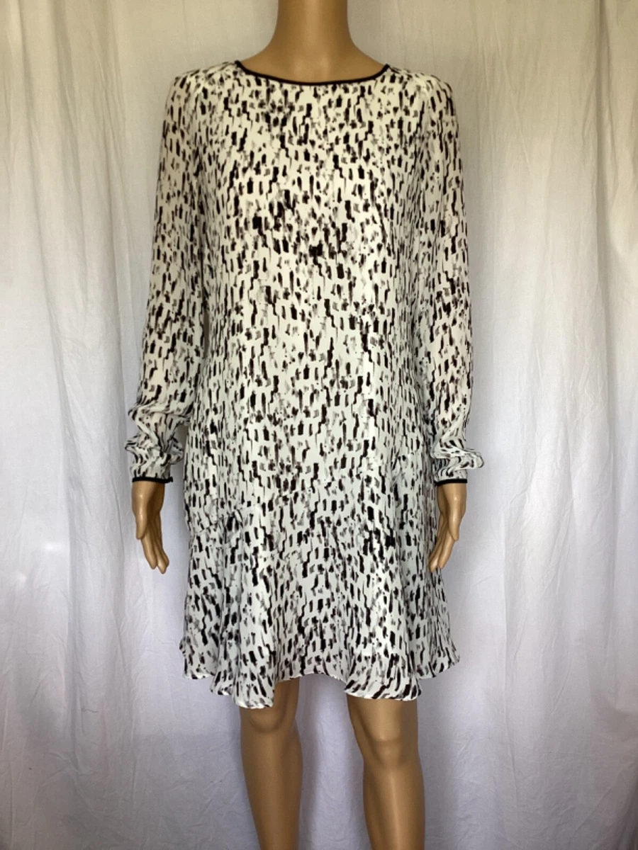 Reiss Size 8 White Black Abstract print Sheath A Line Long Sleeve