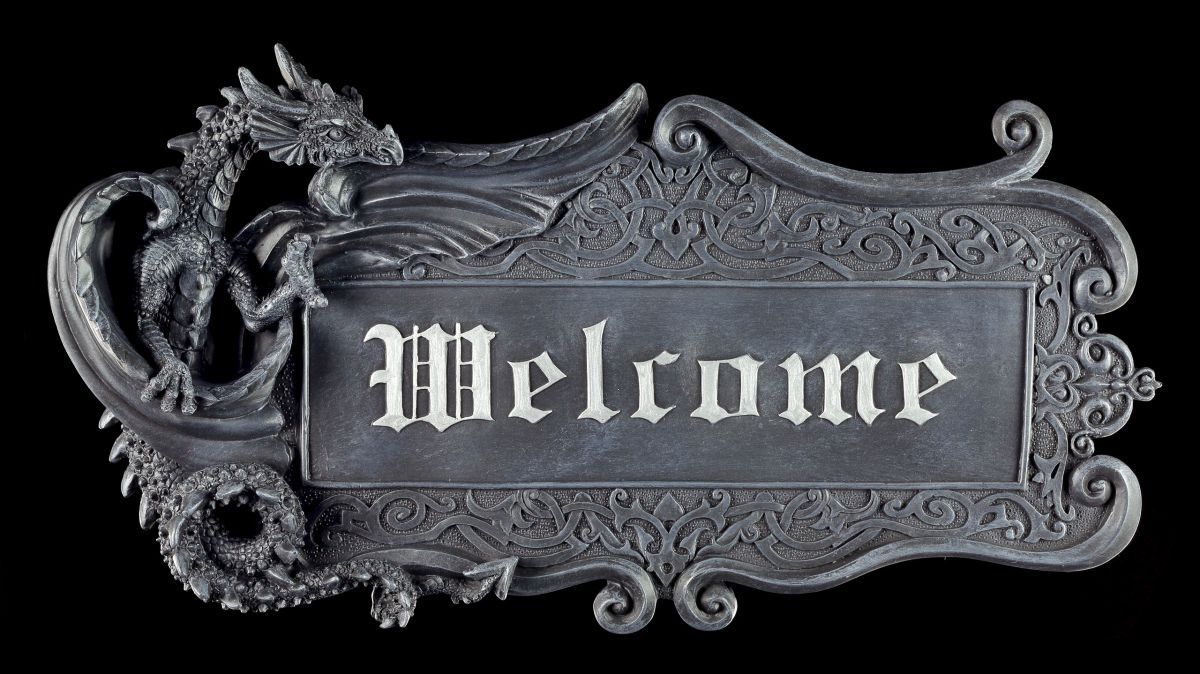 Dragon Door Sign - Welcome Purple - Wall Sign Welcome Fantasy Gothic Figure