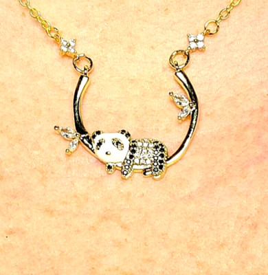 Black White Panda Bear Necklace Pendant CZ Statement Animal Unique Gold-Plated