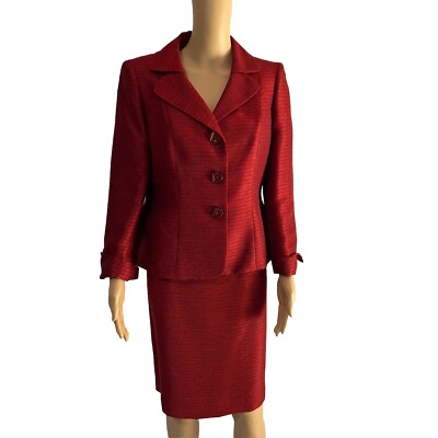 Kasper Polyester Rayon Skirt Suit 10P Red Shawl Collar Single Breasted  Lined 2PC