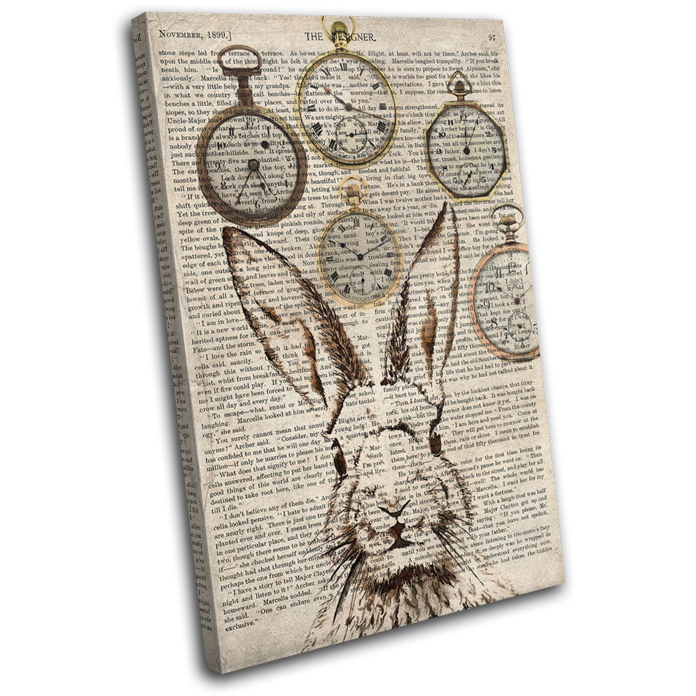 Rabbit Hare Shabby Clocks Old Animals SINGLE CANVAS WALL ART Picture Print