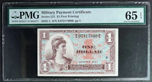 NQC Series 521 $1 Military Payment Certificate - PMG Gem Unc 65 EPQ