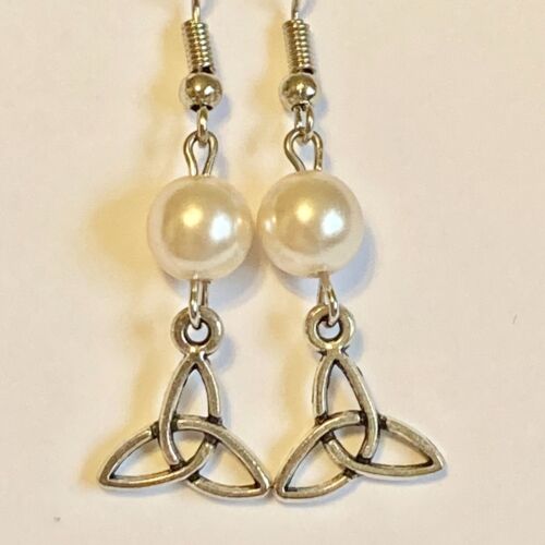 Celtic Knot Earrings Silver Plated Irish St Patricks Day White Glass Pearl