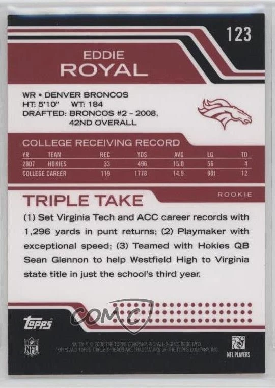 2008 Topps Triple Threads /89 Eddie Royal #123 Rookie Auto RC - Image 2 of 2